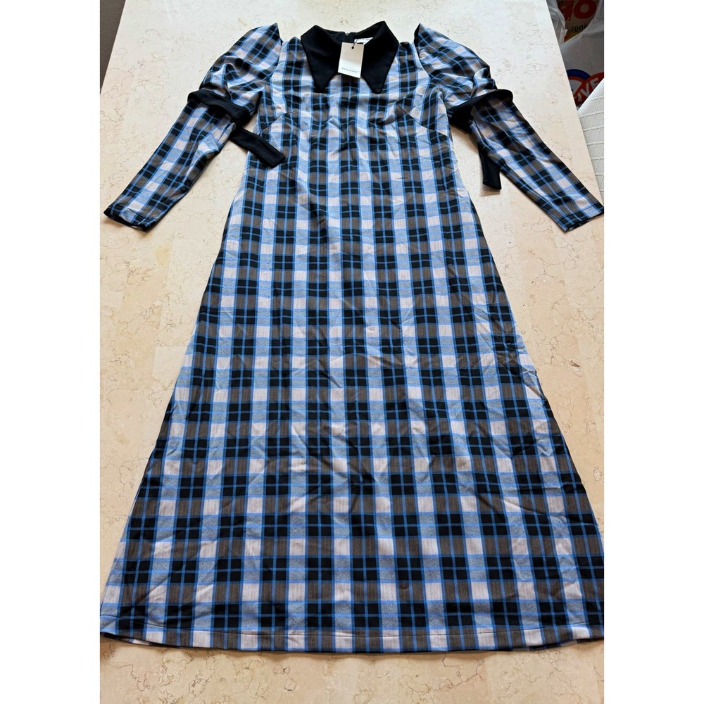 Julia Allert Size Medium Blue Plaid Midi Dress Dark Academia Fall Pockets NWT